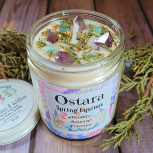 Spring equinox candle with amethyst crystals 